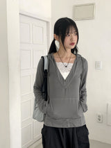Rti Vintage V-neck Lace Hooded Long Sleeve T-shirt