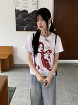 ハギングキャットプリントセミクロップド半袖Tシャツ / Hugging Cat Print Semi-cropped Short Sleeve T-shirt