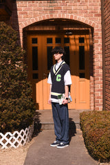 ライトグリーンCパッチvネックニットベストユニセックス / Light Green C Patch V-neck Navy Knitwear Vest