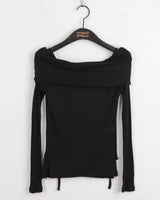 Twill ribbon strap off-shoulder slit cropped long-sleeved T-shirt
