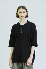 スクエアチェスト ジッパーアップ ポロニットTシャツ / square chest zipper-up polo knit t-shirt black