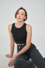 ボタンドストレートデニムジーンズ / BUTTONED STRAIGHT BLACK GRAY DENIM JEAN [6879]