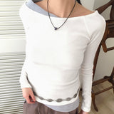 Chiss shirring layered diagonal off-shoulder long sleeve t-shirt