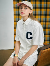 Cパッチユニセックス半袖オクスフォードシャツ / C Patch Short-Sleeved Unisex White Oxford Shirt