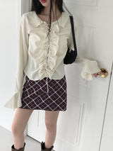 ブルダスプリングラッフルアイレットストラップ長袖ブラウス/Vulda Spring Ruffle Eyelet Strap Long Sleeve Blouse