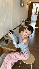 レースオフショルダー長袖Tシャツ