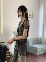 レースシースルーワンボタンカーディガン/ Elf lace embroidery see-through one-button cap sleeve long-sleeved cardigan
