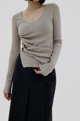 V-ネックシャーリングT-シャツ / V-neck shirring T-shirt (4color)