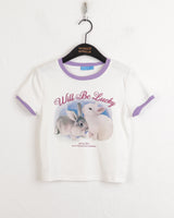 アンサーウサギプリント配色バインディングクロップ半袖Tシャツ/Answer Rabbit Print Color Matching Binding Cropped Short Sleeve T-shirt
