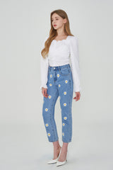 ストレートフィットフラワー刺繍デニムパンツ/IZ*ONE CHEWON, LOVELYZ KEI, ROCKET PUNCH YEONHEE WORN STRAIGHT FIT FLOWER EMBROIDERY DENIM PANTS [6663]