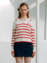 V NECK COLLAR STRIPE KINT RED