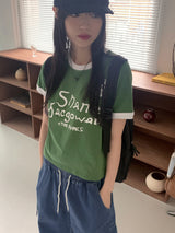 Shane Coloring Sporty Lettering Printed Semi-Crop Short Sleeve T-Shirt