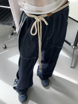 デューパーステッチカラーマッチングロープベルトロングワイドデニムパンツ / Duper stitch color matching rope belt long wide denim pants