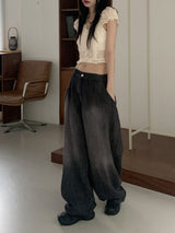 Bupin summer fabric back-banding balloon Vintage washing long wide denim pants