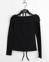 Roan fleece strap slit off-shoulder long-sleeved T-shirt