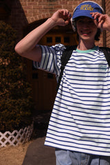 ミントネックブルーストライプユニセックスTシャツ / Mint Neck Blue Stripe Unisex T-shirt