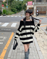 Dolche Boxy Striped Off-Shoulder Long-Sleeved Knitwear