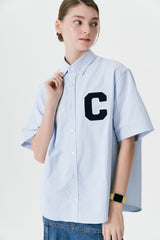 Cパッチユニセックス半袖オクスフォードシャツ / C Patch Short-Sleeved Unisex Sky blue Oxford Shirt