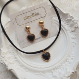 ブラックハートピアスアンドチョーカーネックレスセット / Black Heart Piercing and Choker Necklace Set