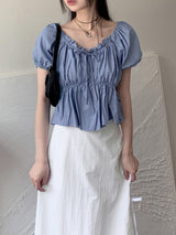 Tizen ribbon shirring puff flare crop denim short-sleeved blouse