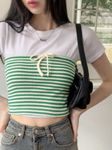 ストライプリボン レイヤード スパンチューブトップ タンクトップ /Opin Stripe Ribbon Layered Spandex Tube Top Tank Top