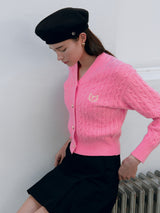V NECK CABLE CARDIGAN LIGHT PINK