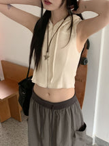 ワズスリムフィットワッフルツーウェイノースリーブベストクロップドフーディージップアップ / Waz Slim Fit Waffle Two-Way Sleeveless Vest Cropped Hoodie Zip-Up