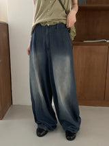 Bupin summer fabric back-banding balloon Vintage washing long wide denim pants