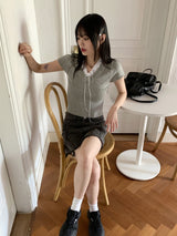 Chetshire y2k lace ribbon string V-neck short sleeve knit