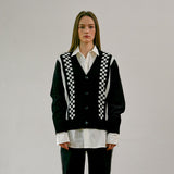 CHECKERBOARD JACQUARD CARDIGAN (BLACK) (6627480469622)