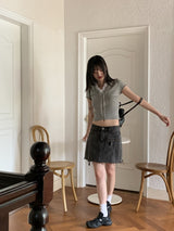 Chetshire y2k lace ribbon string V-neck short sleeve knit