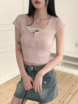 リュシアンオールインワンローズレース半袖ボタンダウンTシャツ