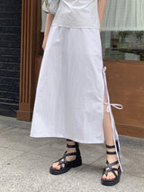 サイドリボンストラップ サイドリボンナイロンロングスカート /Loding side ribbon strap side-slit nylon long skirt