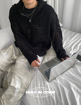 メッシュフードニットジップアップ