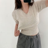 Short Sleeve V-Neck Knit Top