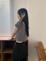 ケリーリボンシャーリングメッシュエアーパフクロップド半袖Tシャツ