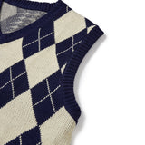 チェックニットベスト / Argyle & hound check knit vest navy