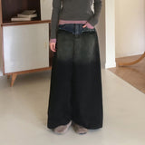 Toojen Unique Coloring Layered Back-Slit Washed Denim Long Skirt