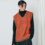チェックニットベスト / Argyle & hound check knit vest orange