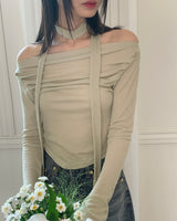 [Scape set] Kenin Shirring Pleated Off-Shoulder Crop Long-Sleeved T-shirt
