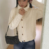 Robe collar high-neck loose fit twist knit long sleeve cardigan