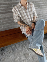 No.0305 S linen check half SHIRT (3color)