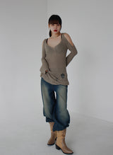 リボンオープンショルダーニット / Ribbon Open Shoulder Knit (4color)