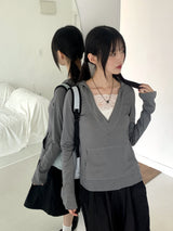 Rti Vintage V-neck Lace Hooded Long Sleeve T-shirt