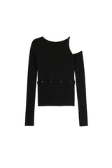 ツーウェイリブドアシメトリックニットトップ / TWO WAY RIBBED ASYMMETRIC KNIT TOP (BLACK)