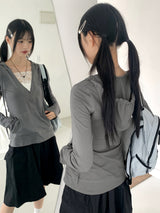 Rti Vintage V-neck Lace Hooded Long Sleeve T-shirt