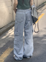 ビソップサマーフードファブリックワイドカーゴデニムパンツ / Bisopp Summer Hooded Fabric Wide Cargo Denim Pants
