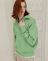 HALF ZIP UP PUNCHING RHOMBUS SWEATER YELLOW GREEN (6691447603318)