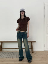インフィレトロウォッシュインシジョンヒッププリントブーツカットデニムパンツ/Infi Retro Washing Incision Hip Printing Bootcut Denim Pants