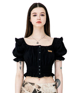 PUFF SLEEVE RUFFLE CROP SHIRT (6584943018102)